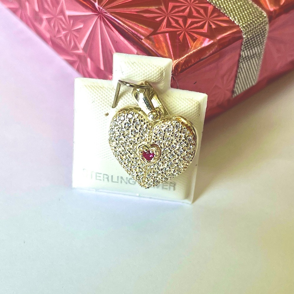Opening Angle Wings Heart Necklace With Ruby Stone. 925 Stamp Sterling Silver